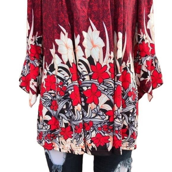 Red Floral 3/4 Sleeve Long Top Shirt Dress Size XL - Picture 5 of 8